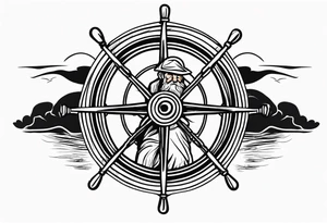 Old man turning ships wheel in a storm tattoo idea