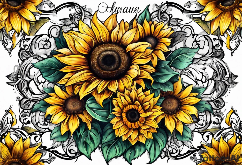 Arm sleeve Foral sunflower and roman numeral tattoo idea