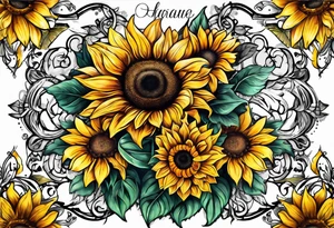 Arm sleeve Foral sunflower and roman numeral tattoo idea