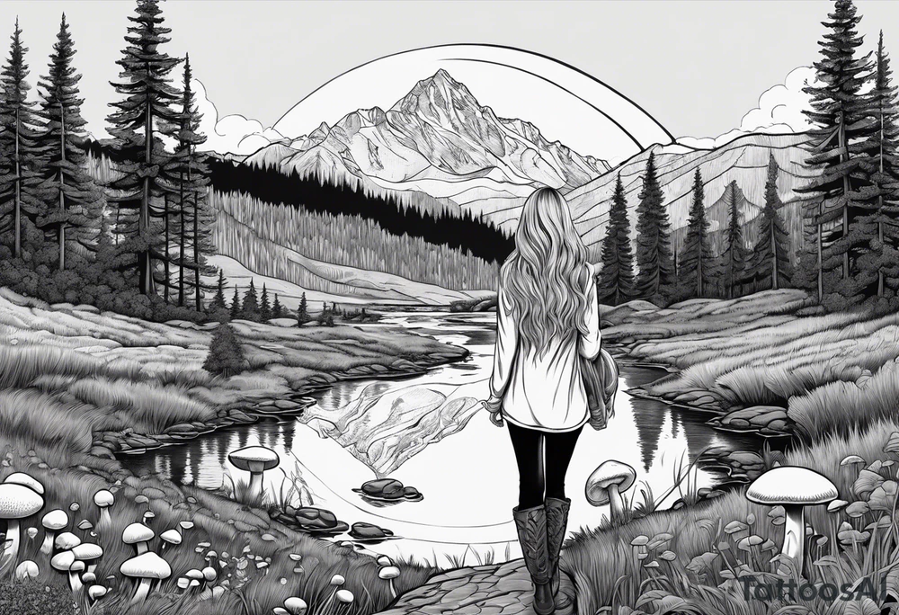 Whole picture encircled fully

Straight long blonde hair hippie girl in distance holding mushrooms in hand facing away toward mountains and creek surrounded by mushrooms long sleeve shirt and hiking pants; whole rendering within a full circle, no cut off circle tattoo idea