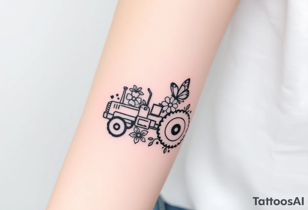 A small feminine tractor with flowers and butterfly tattoo idea