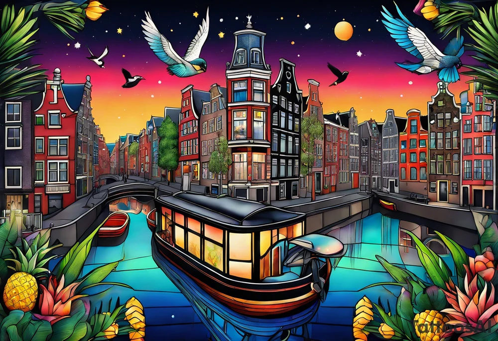 Tattoo of  animals and pineapples in Amsterdam buildings and canal featuring glass and colours of galaxy and universe colours featuring birds and other animals tattoo idea
