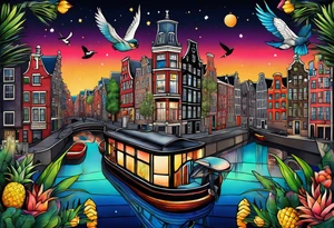 Tattoo of  animals and pineapples in Amsterdam buildings and canal featuring glass and colours of galaxy and universe colours featuring birds and other animals tattoo idea