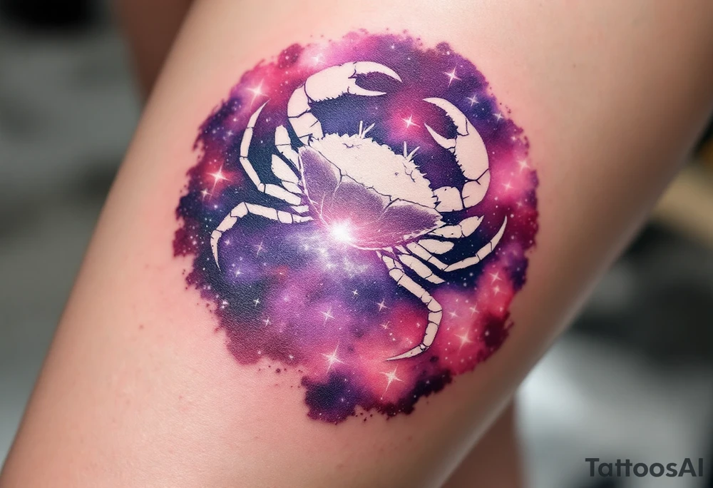 A pale crab silhouette floats within an ethereal pink and violet galaxy containing the Cancer stars. tattoo idea