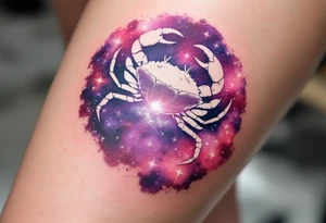 A pale crab silhouette floats within an ethereal pink and violet galaxy containing the Cancer stars. tattoo idea