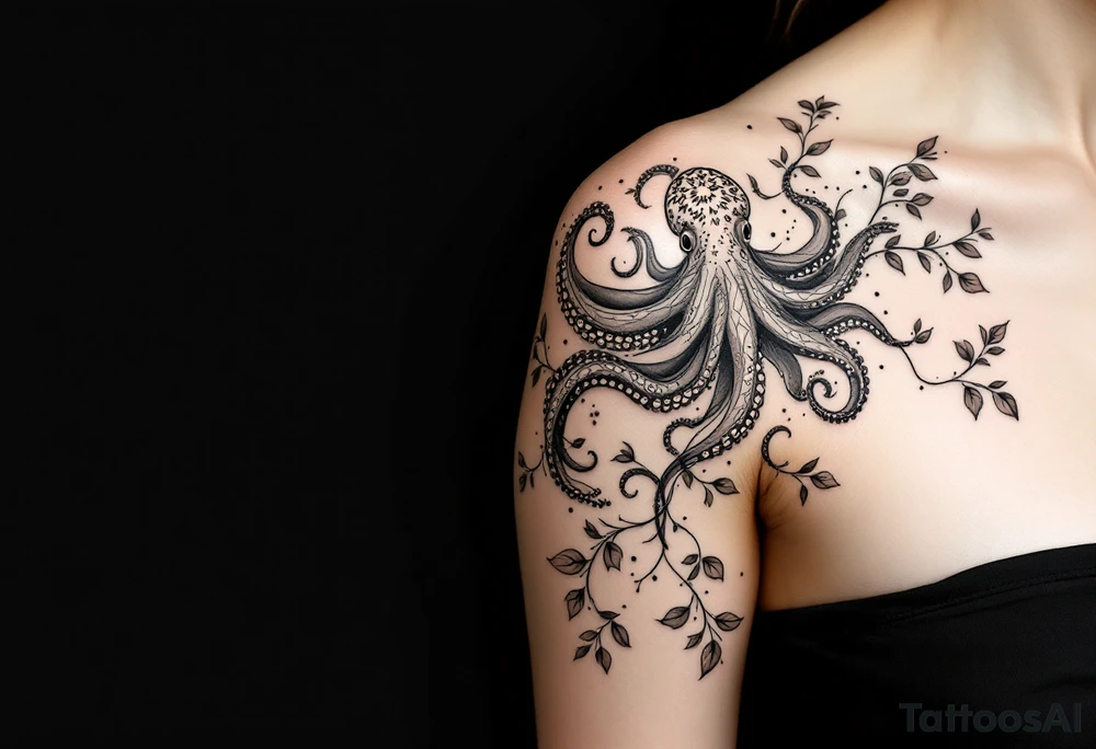 realistic octopus, detailed linework, black-and-grey shading, elegant floral vine, intertwining tentacles, thin black swirling lines, semi-transparent brown leaves, delicate mandala flower, dotwork, ornamental flourishes, radiating design, fine-line style, minimalistic, organic flow, feminine, artistic, slightly surreal, seamless composition, marine botanical fusion, lifelike texture, graceful rhythm, natural growth integration, upper arm placement, shoulder curve, body-following design, smooth shading, soft leaves wrapping, blooming shoulder flower, outward radiating pattern, vine tentacle flow, integrated sea creature, botanical octopus, arm shoulder tattoo, curved body placement, natural organic movement tattoo idea