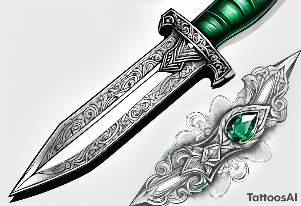 An athame dagger with the hilt turned upward and an emerald gemstone on the hilt tattoo idea