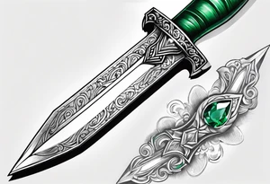 An athame dagger with the hilt turned upward and an emerald gemstone on the hilt tattoo idea