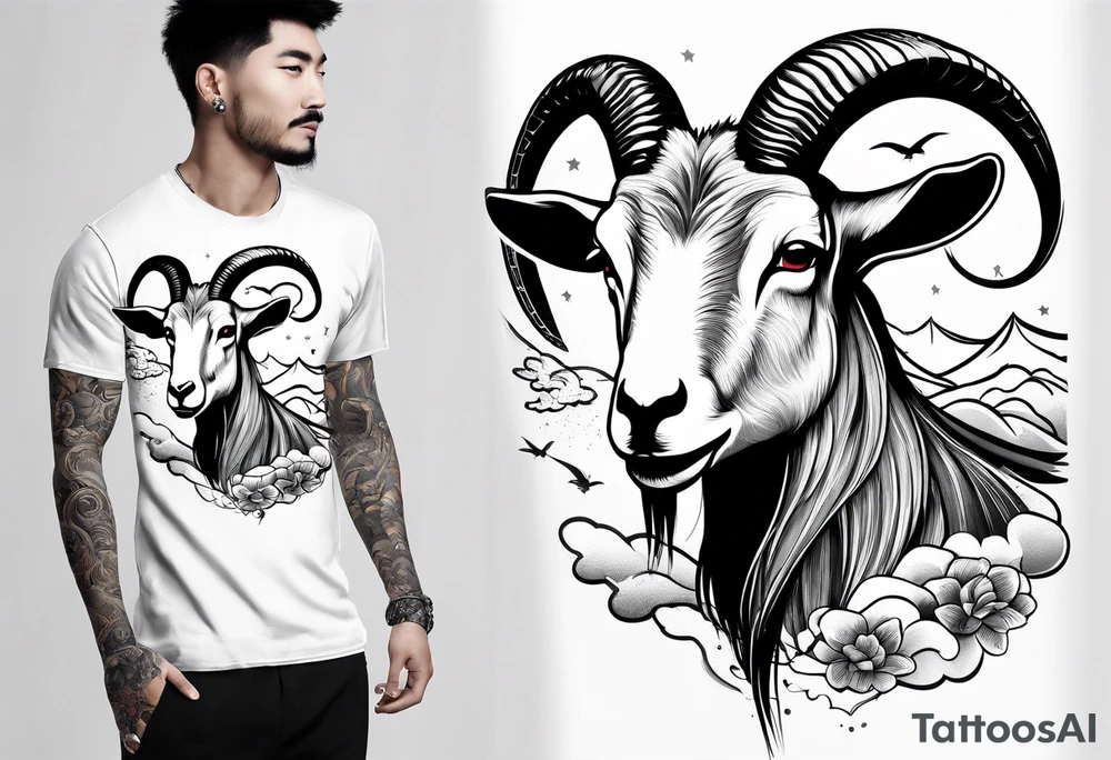 goat tattoo with japanese clouds tattoo idea