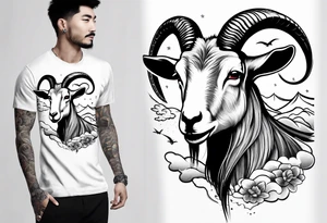 goat tattoo with japanese clouds tattoo idea