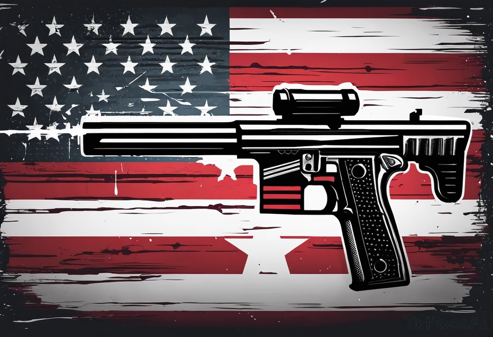 Distressed American flag behind a cross with 2 guns leaned on it simple tattoo idea