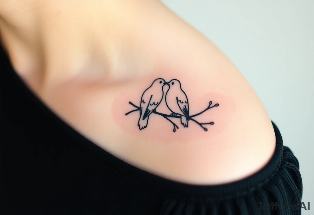 A pair of Ring doves perched on intertwined branches, with shades of soft beige, pale blue, and subtle touches of green tattoo idea