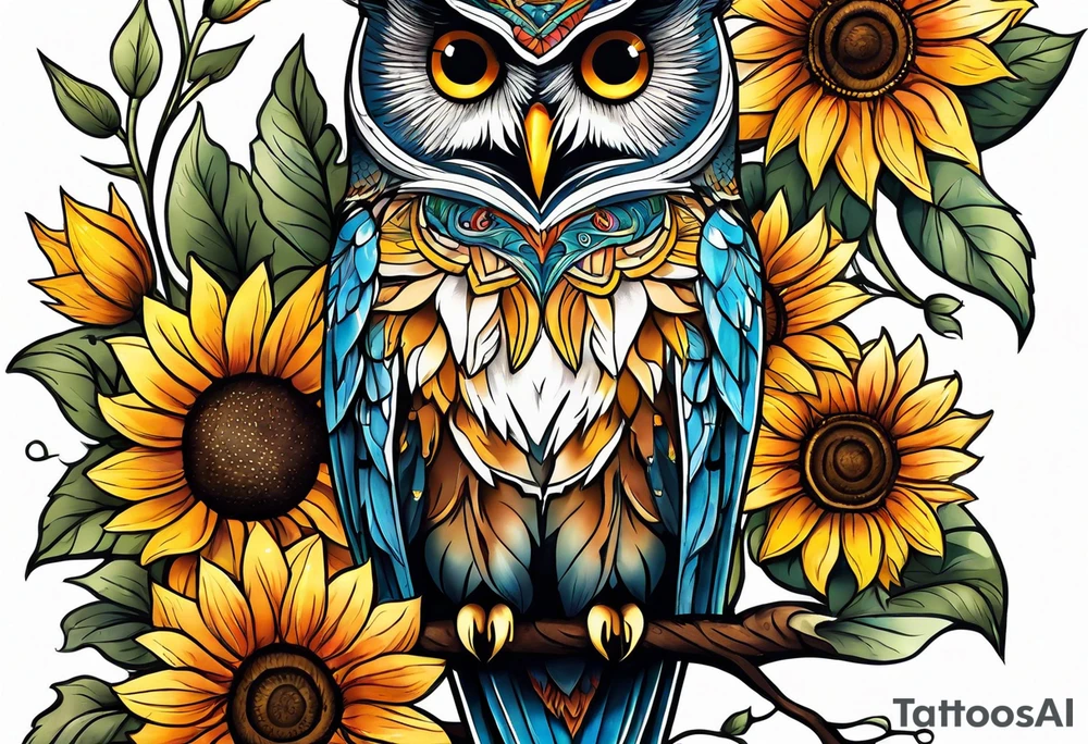 Leg sleeve with colorful sunflowers and an owl tattoo idea