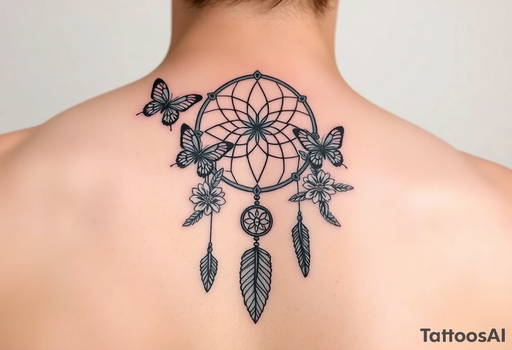 Simple dream catcher with butterflies and flowers tattoo idea