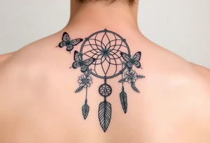 Simple dream catcher with butterflies and flowers tattoo idea