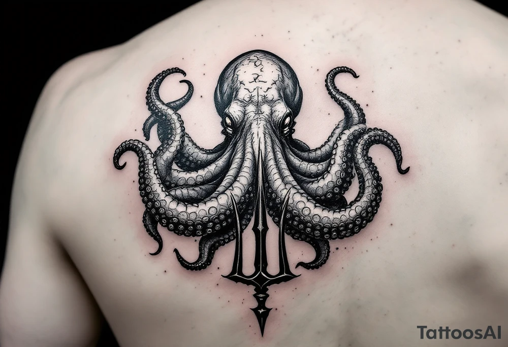 giant octopus around a trident tattoo idea