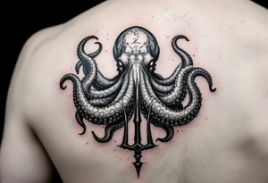 giant octopus around a trident tattoo idea