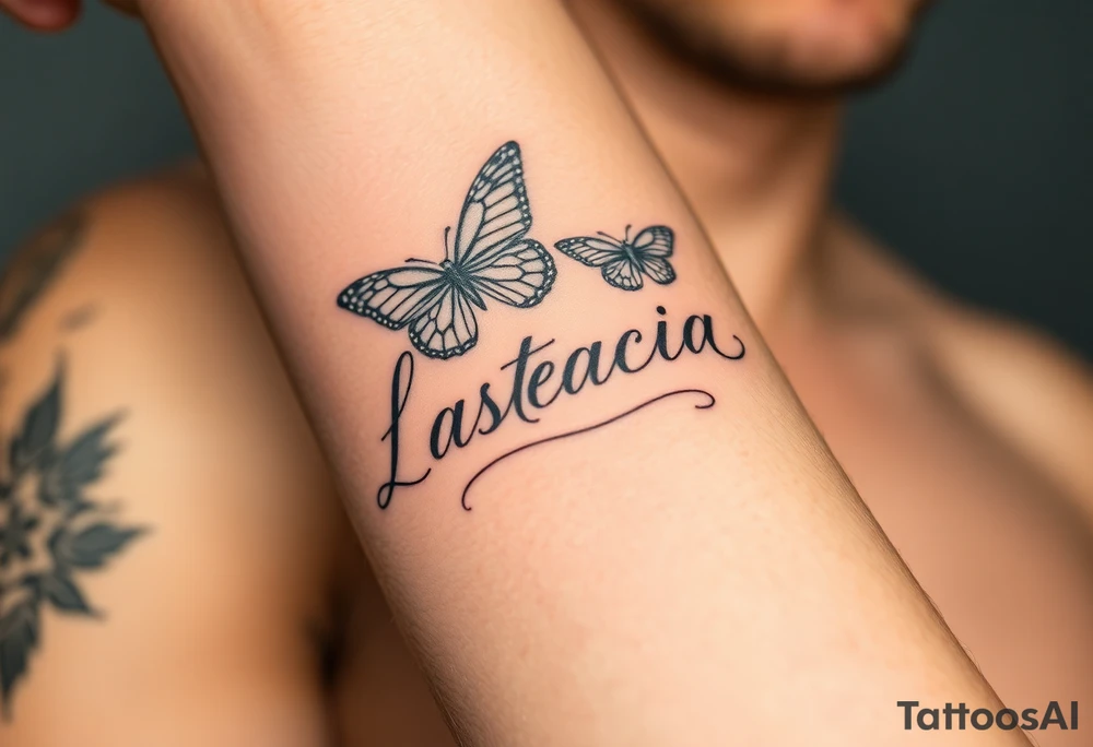 Anastacia in old English long beach California theme with butterflies tattoo idea