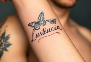 Anastacia in old English long beach California theme with butterflies tattoo idea