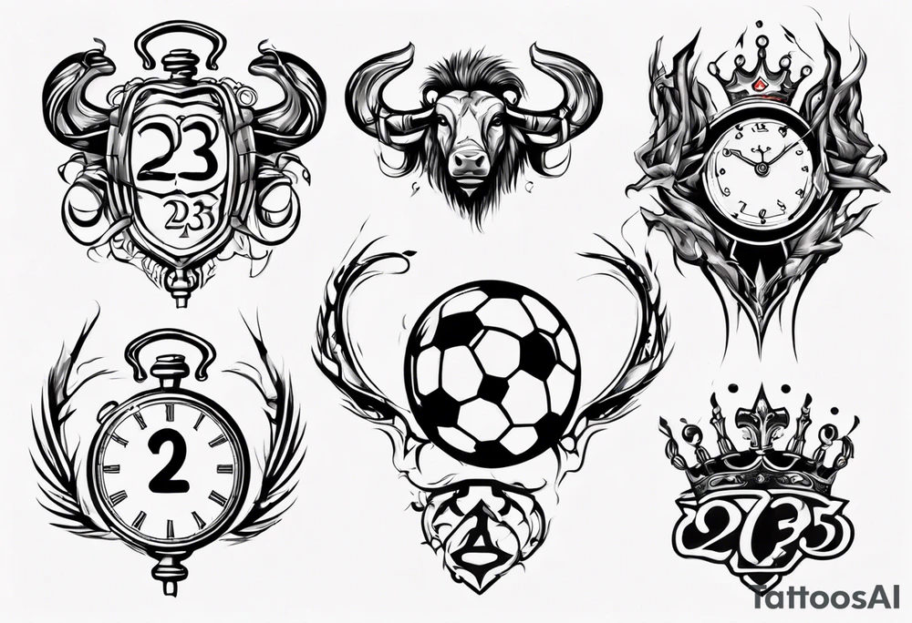 Ballon de foot avec le numéro23 ,  une horloge avec une couronne,  le tout avec au fond un taureau tattoo idea
