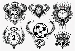 Ballon de foot avec le numéro23 ,  une horloge avec une couronne,  le tout avec au fond un taureau tattoo idea
