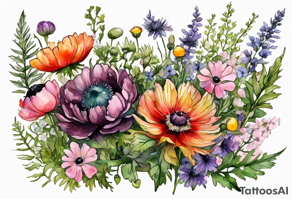 wildflowers with thistles, ferns, ranuculus, white anemones with black center, sun flowers, red flowers, pink flowers, purple flowers, buttercups, babys breath, daisies, and greenery all in watercolor tattoo idea