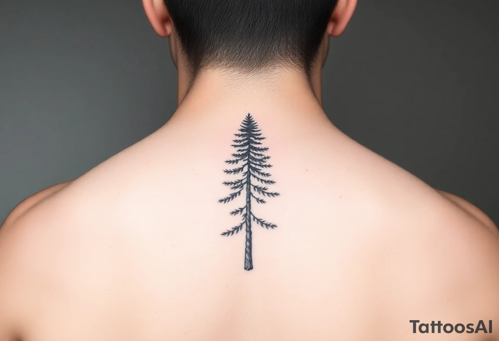 a minimalist tattoo of a douglas fir tree, combined with a band around the left forearm which connects at the bottom of the trunk of the tree tattoo idea