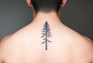 a minimalist tattoo of a douglas fir tree, combined with a band around the left forearm which connects at the bottom of the trunk of the tree tattoo idea