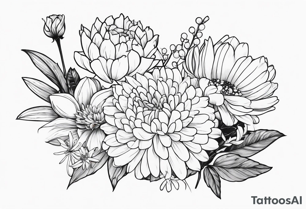 Asters, roses, lily of the valley, and chrysanthemums in a long line tattoo idea