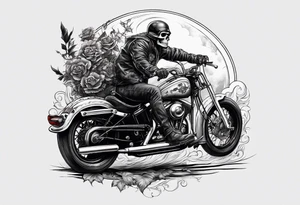 A skeleton riding a Harley motorbike also throwing a bomb at something tattoo idea