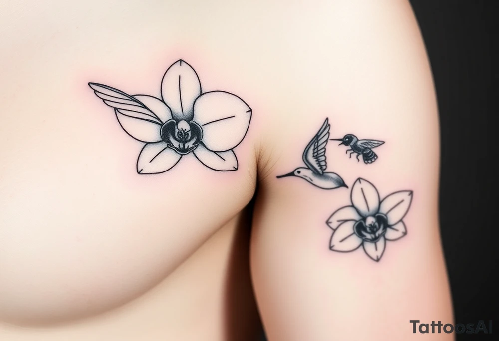 A delicate, black and white fine-line tattoo for male, featuring gracefully detailed 2 orchids in full bloom including their stems, with soft, intricate petals and elegant curves. Beside it, a hummingbird hovers mid-flight, its wings drawn with subtle motion lines, its slender beak reaching toward the orchid’s center to drink its nectar. on the other flower there is a bee that is resting tattoo idea