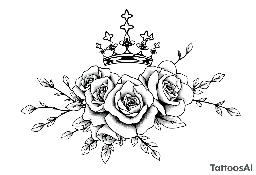 detailed beautiful gothic boho flowers and roses on vine with gorgeous crown ornamental tattoo idea