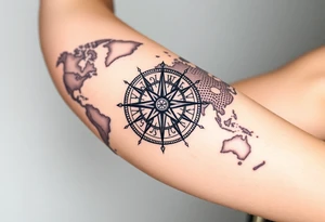 antique compass rose overlaid on weathered world map with zodiac symbols tattoo idea