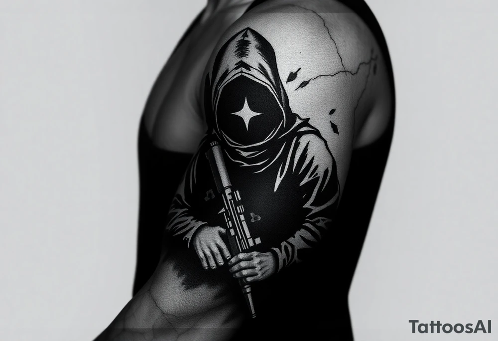 Minimalist covert operative symbolism representing loyalty and survival, faceless soldier silhouette emerging from darkness, torn fabric, subtle scars, controlled posture, black and grey realism, emotional restraint, understated strength, tattoo sleeve element. tattoo idea