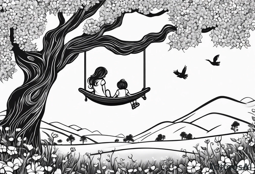 Mom with son and daughter on a swing in the distance in a field of flowers tattoo idea