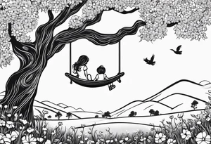 Mom with son and daughter on a swing in the distance in a field of flowers tattoo idea