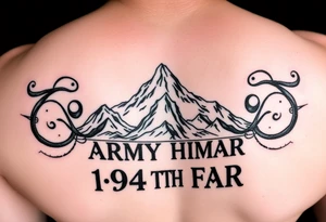 American traditional style with a mountain and ARMY HIMAR and the saying 1-94TH FAR FULL COLOR tattoo idea