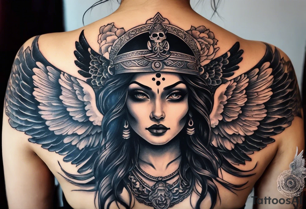 black kali, goddess pirate, alien, angel, pachamama, valkrye, warrior, flying, skull, lotus azul, wing, eagle, zenza resonance, stars, 5D, anahata chakra, death, durga, riding on a tiger, flying lady, kundalini, chest tatoo, rebel tattoo idea