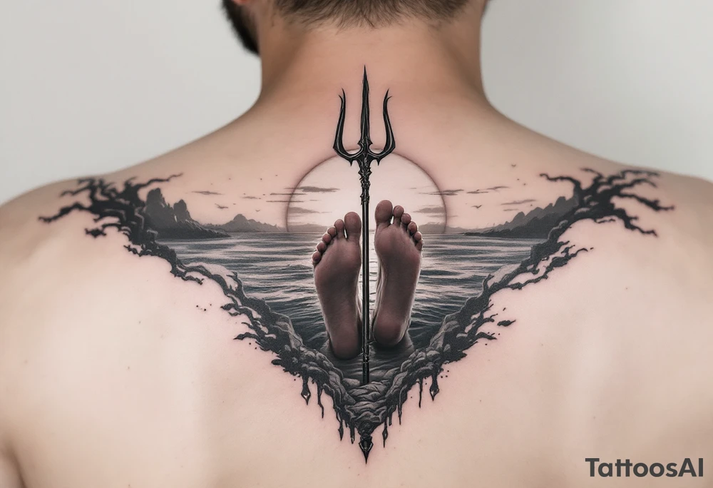barefeet behind trident with water and sunset tattoo idea