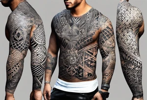 full sleeve tattoos for men with sacred geometry mixed tropical theme going from left chest to left hand with black outlines used throughout tattoo idea