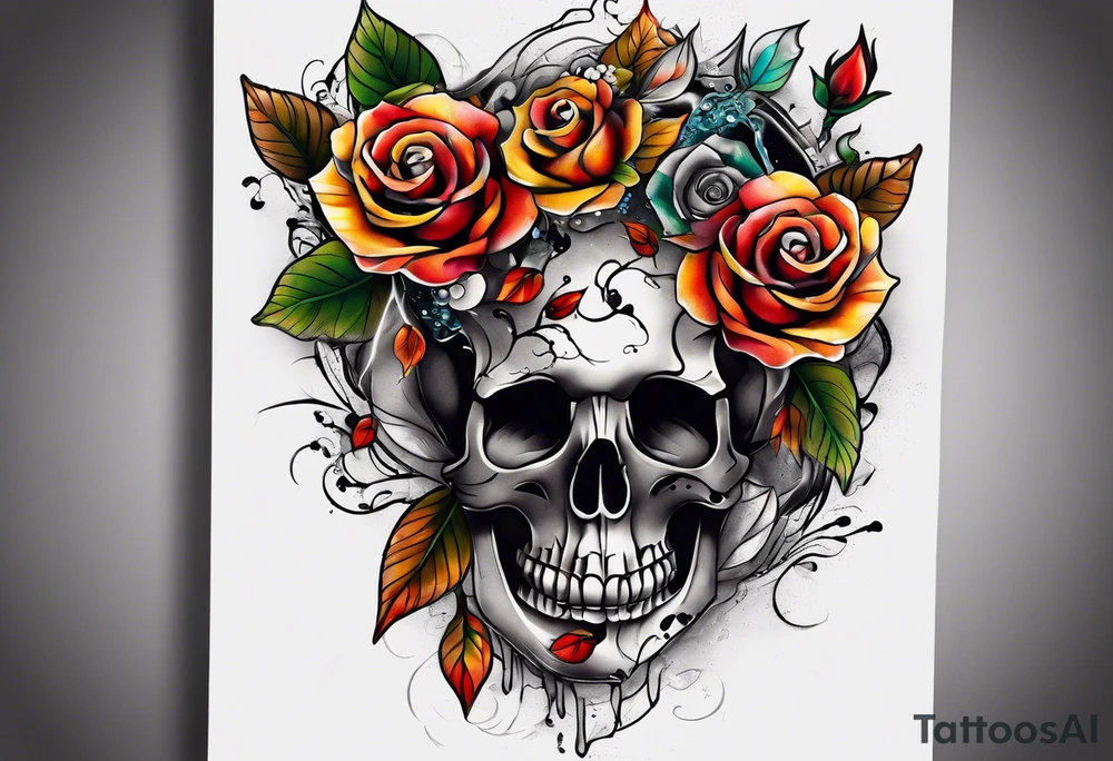 Front knee tattoo with fall colors, small flowers, rose, leaves, water flow and background using Trash Polka tattoo idea