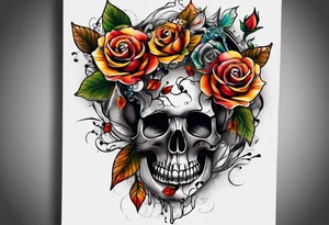 Front knee tattoo with fall colors, small flowers, rose, leaves, water flow and background using Trash Polka tattoo idea