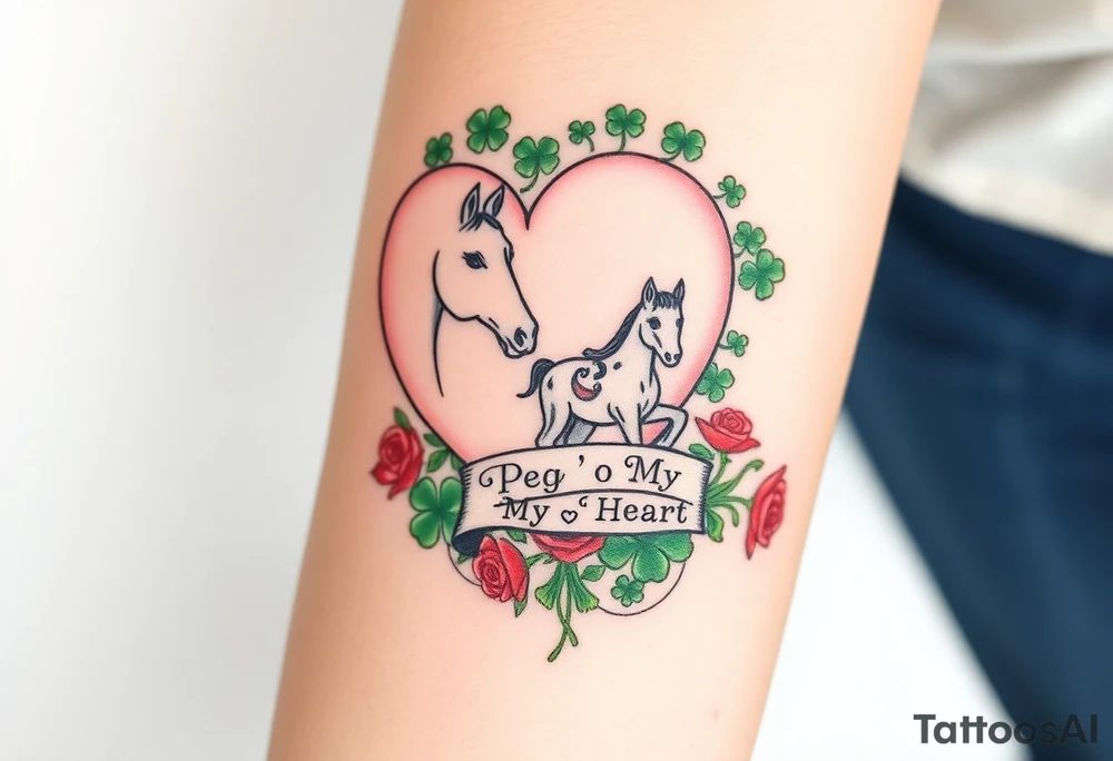 a big pale pink heart and a mare and a colt in a huge patch of green shamrocks, and red roses with a banner across the heart that says Peg 'o My Heart tattoo idea