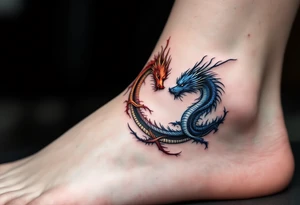 A mirrored twin dragon design, one fiery red and gold, the other icy blue and silver, intertwined in a circular dance and with Gemini glyph tattoo idea