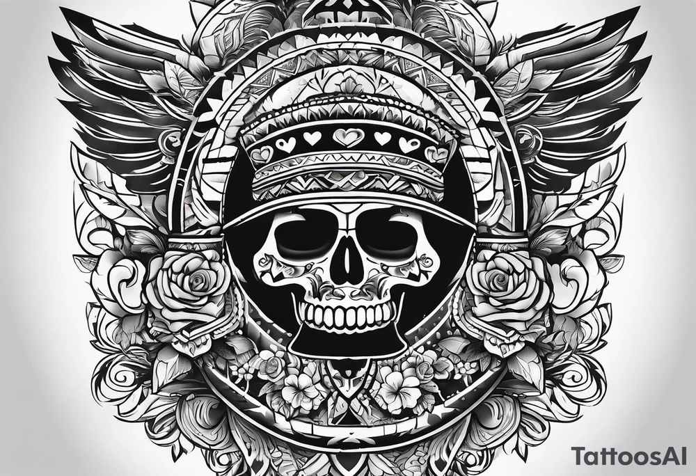 Mexican American inspired Tattoo that incorporates love for family and importance of building wealth. Include elements of the pacific northwest tattoo idea