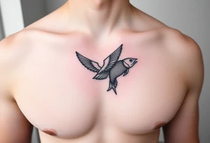 small bird and fish tattoo, for chest, man. not many details. a lot of black color tattoo idea