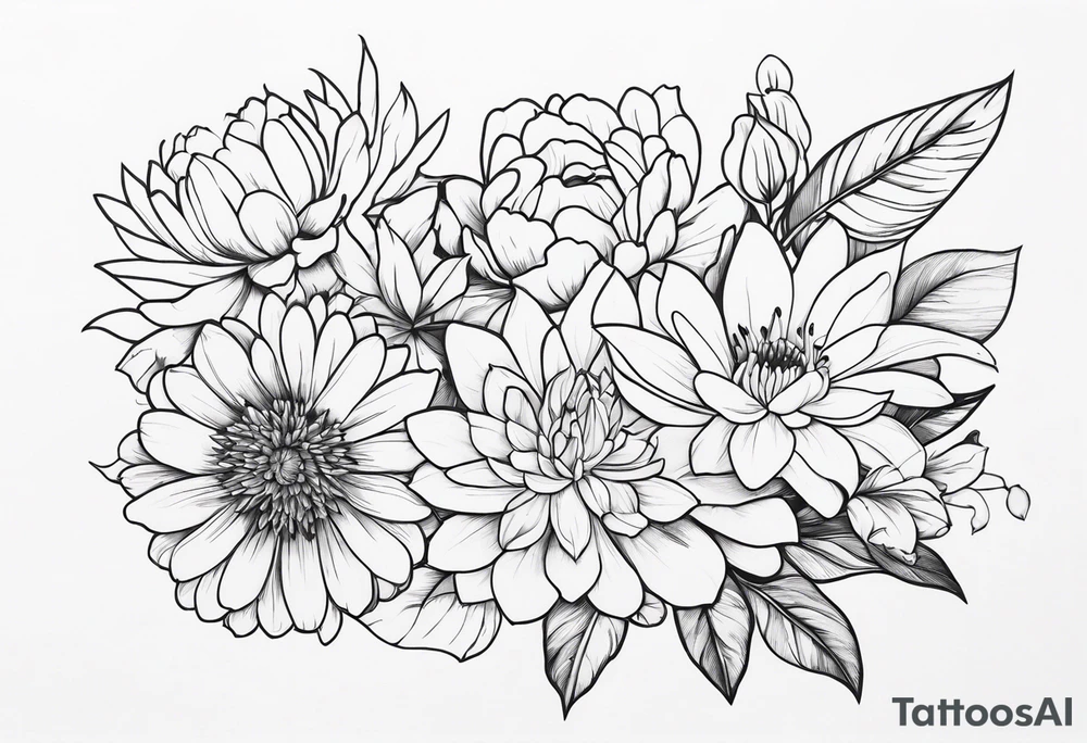 Asters, roses, lily, and chrysanthemums in a stretched line tattoo idea