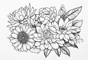 Asters, roses, lily, and chrysanthemums in a stretched line tattoo idea