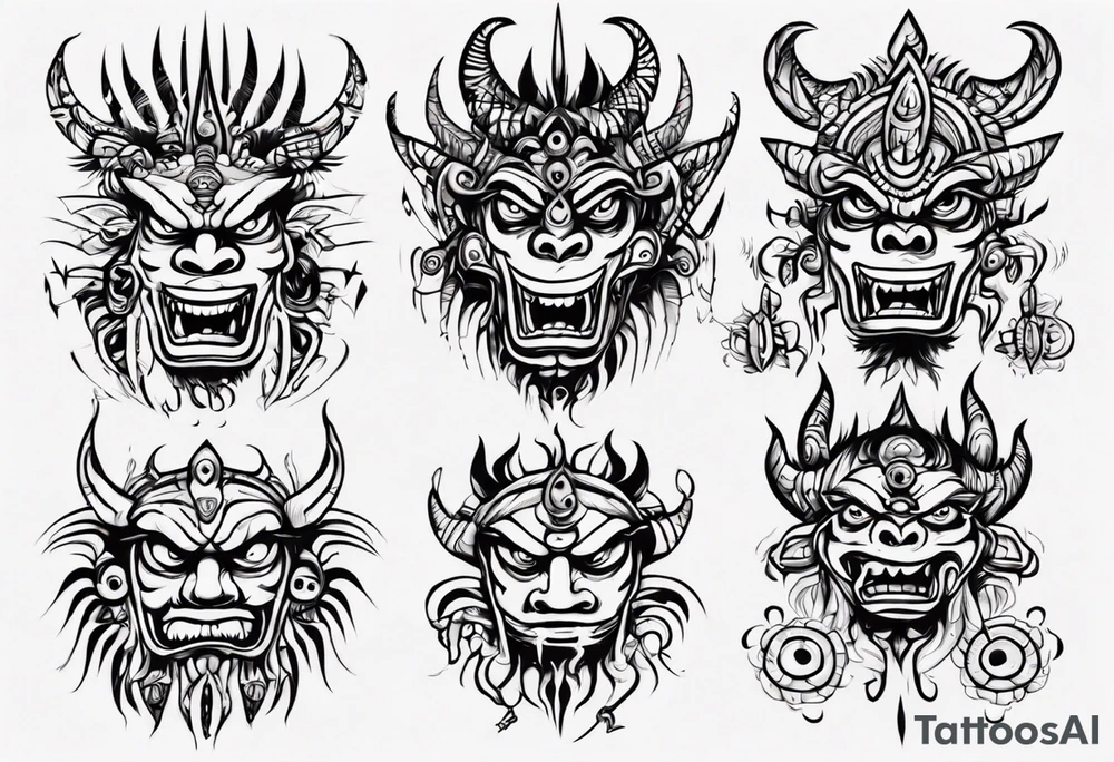 Not that angry Hindu monster with connecting lines going out of it tattoo idea