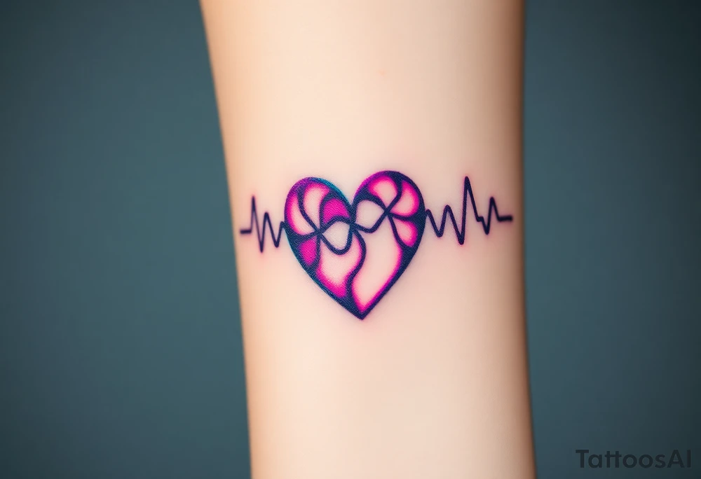 A heartbeat that transitions into sound waves, colored in vibrant neon colors like turquoise, purple, and fuchsia, representing a modern twist on emotion. tattoo idea